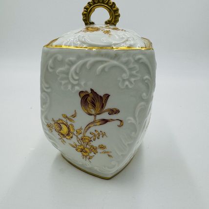 Limoges France Porcelain Floral Gold Painted Biscuit Jar Lidded 7" Twisted Rare