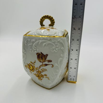 Limoges France Porcelain Floral Gold Painted Biscuit Jar Lidded 7" Twisted Rare