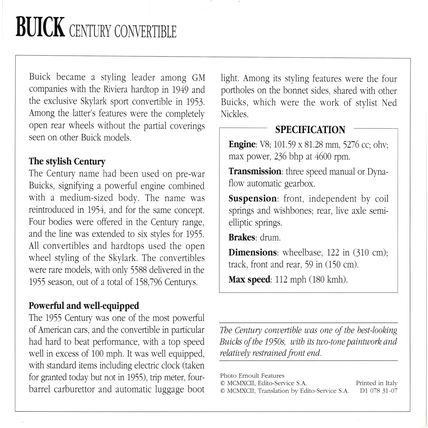 Collectors Club card. Classic Cars. Buick Century Convertible