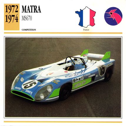 Collectors Club card. Classic Cars. Matra MS670