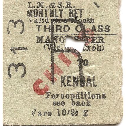 L.M.S.R. Edmondson Ticket - Manchester Victoria or Exchange to Kendal