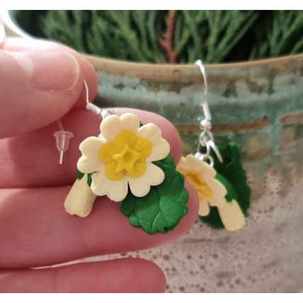 Primrose flower earrings handmade polymer clay spring hedgerow jewellery