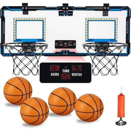 Indoor Double Shot Basketball Hoop - Over-The-Door Wall Mount with LED Light & E