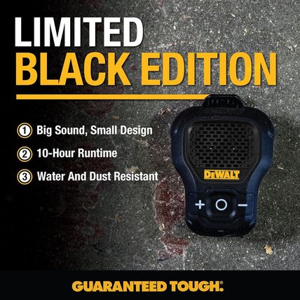 DEWALT Wearable Bluetooth Speaker [Onyx Edition - Black] Clip-On Wireless Jobsit