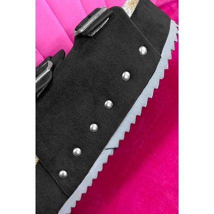 Black Suede Buckle Decor Footbed Sandal Slippers