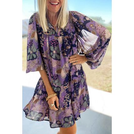 Purple Vintage Daisy Floral Puff Sleeve Ruffle Short Dress