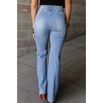 Light Blue Fly Button Exposed Seam Patched Pocket Flare Jeans