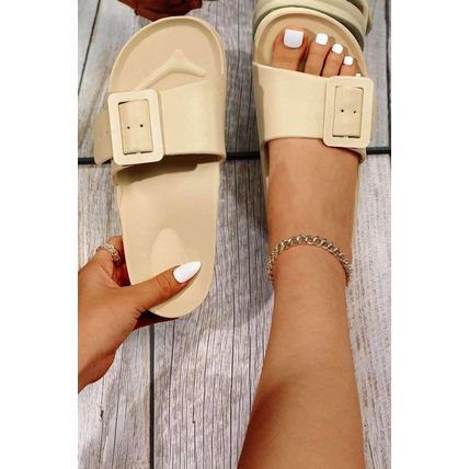 Parchment Buckle Decor Wide Band Thick Sole Slippers