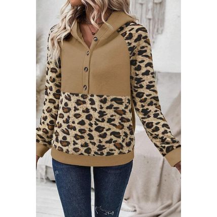 Light French Beige Leopard Print Patchwork Raglan Sleeve Half Buttons Hoodie