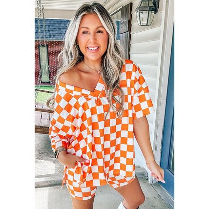 Orange Checkerboard Print V Neck Loose Tee and Shorts Lounge Set
