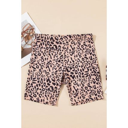 Khaki Leopard Print Ribbed Textured Knit Biker Shorts