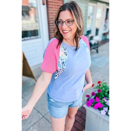Sky Blue Leopard Print Patch Colorblock Plus Size T Shirt