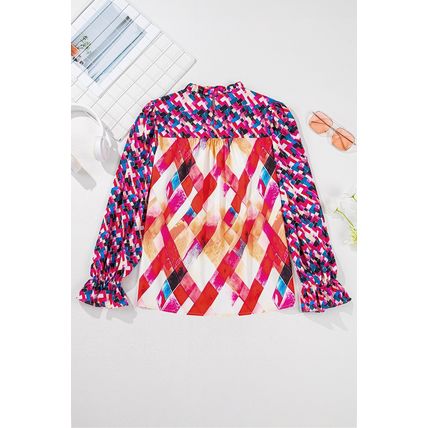 Rose Red Abstract Geometric Pattern Patchwork Puff Sleeve Blouse