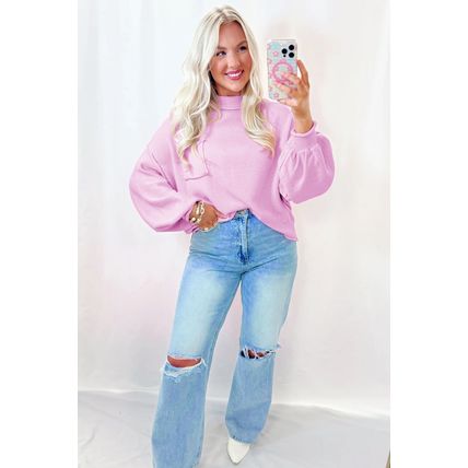 Pink Raw Edge Ribbed Detail Drop Shoulder Sweater
