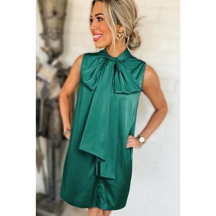 Evergreen Bow Tie Satin Shift Sleeveless Mini Dress