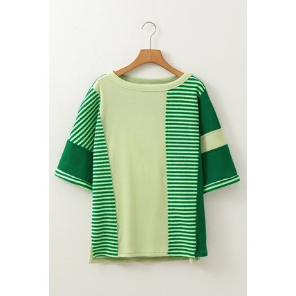 Mint Green Striped Patchwork Textured Colorblock 3/4 Sleeve Knit Top