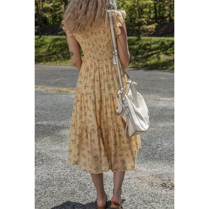 Yellow Boho Floral Print Ruffle Smocked Flowy Summer Dress