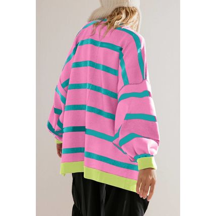 Pink Stripe Colorblock Drop Shoulder Buttoned Loose Cardigan