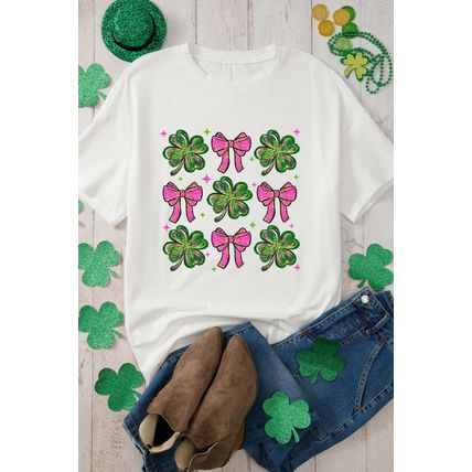 White St Patrick Shamrock Bowknot Printed Crewneck Tee