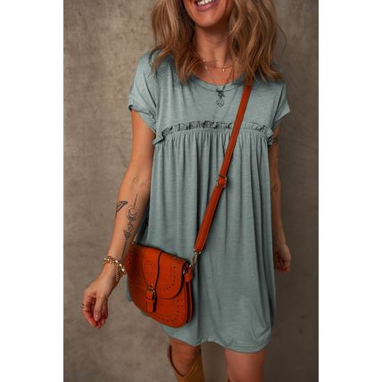 Mist Green Frilled Gathered Seam Round Neck T Shirt Dress