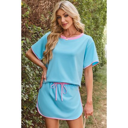 Turquoise Colorblock Edge Drop Shoulder T Shirt and Skort 2Pcs Set
