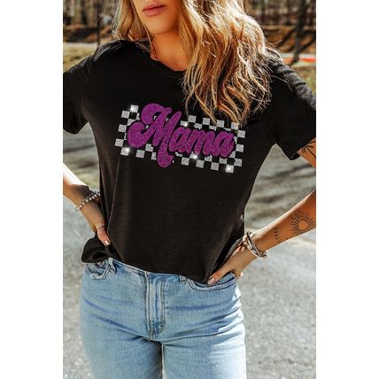 Black Rhinestone Mama Letter Graphic T Shirt