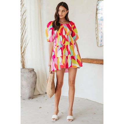 Multicolor Geometric Print Smocked Babydoll Mini Dress