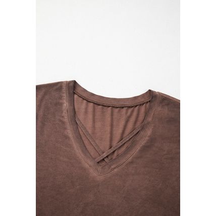 Chestnut Mineral Wash Criss Cross V Neck Casual T Shirt