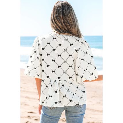 White Bowknot Print Front Knots Bubble Sleeve Blouse