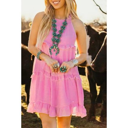 Pink Smocked Neck Knot Back Frilly Tiered Sleeveless Mini Dress