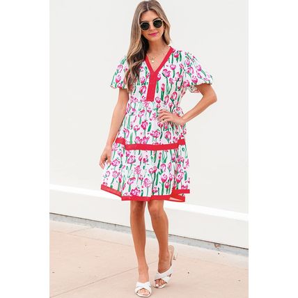 Pink Floral Print Contrast Trim V Neck Bubble Short Sleeve Babydoll Dress