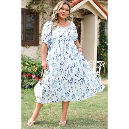 Sky Blue Floral Print Sweetheart Neck Plus Size Midi Dress