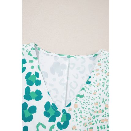 Green Mixed Leopard Print V Neck Short Sleeve Blouse