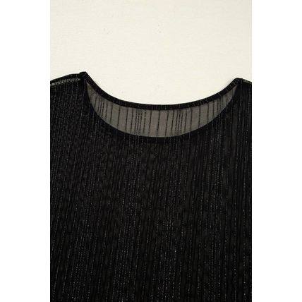 Black Plus Size Shimmer Textured Mesh Fitted Long Sleeve Top