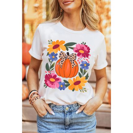 White Pumpkin Floral Graphic Thanksgiving Holiday T Shirt