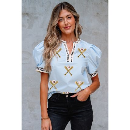 Beau Blue Sequin Baseball Set Contrast Leopard Trim Short Puff Sleeve Blouse