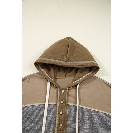Jungle Green Mixed Texture Patchwork Exposed Seam Half Button Pullover Hooded Sw