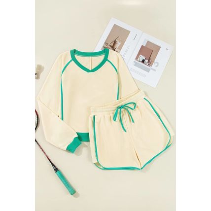 White Contrast Trim Colorblock Long Sleeve Pullover and Drawstring Shorts 2pcs O
