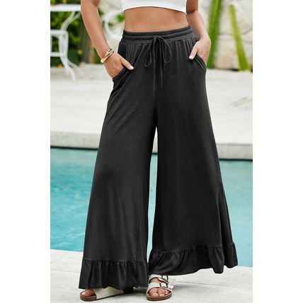 Black Ruffled Wide Leg Pull On High Waist Pants with Pockets