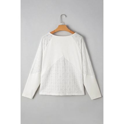 White Twisted Rib Patchwork Embroidered Loose V Neck Long Sleeve Top
