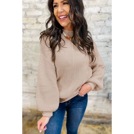 Parchment Mixed Texture Patchwork Knitted Puff Sleeve Sweater