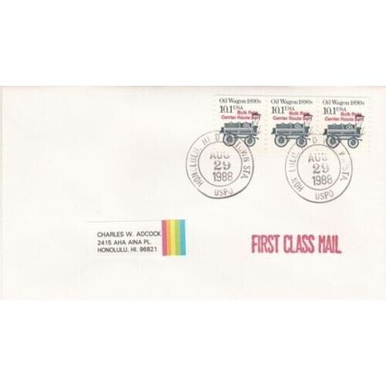 United States 1988 Oil Wagon strip of 3 FDC Honolulu cancel typed VGC