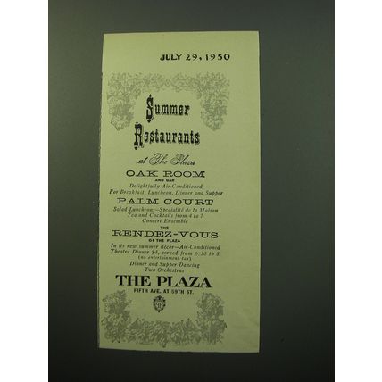 1950 The Plaza Hotel Ad - Summer Restaurants at the Plaza