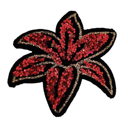 Iron On Flower Patch Sew Patches Sequin Glitter Lilly Red Gold 7cm x 6cm P447