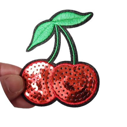 Iron on Cherries Trimming Sequined Embroidered Leaf Motif 6.5 cm x 7.4 cm P669