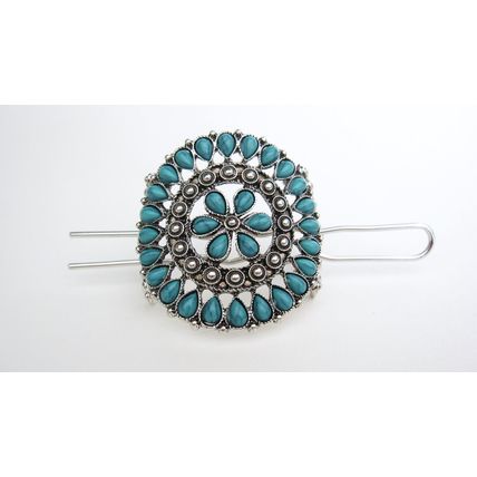 Turquoise blue and silver metal tribal hair slide clip barrette
