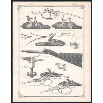 PARTS OF A FOWLING-PIECE 1890 Flint Lock - Trigger - Guns VICTORIAN LITHOGRAPH