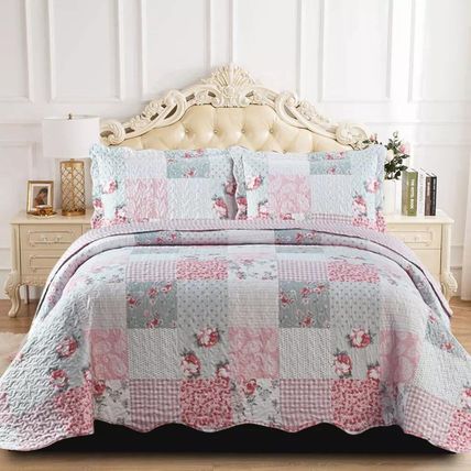 3 PCS Patchwork Bedspread Quilted Bed Throw Set - Single Bed (Floral Grey)