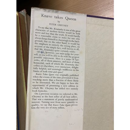 1950 PETER CHEYNEY "KNAVE TAKES QUEEN" FICTION HARDBACK BOOK (P3)