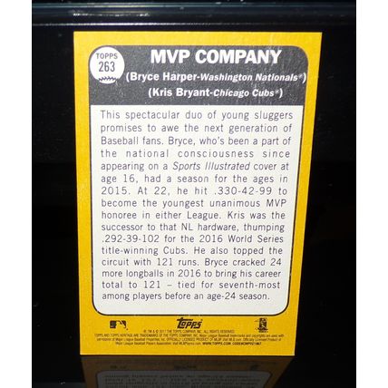 TOPPS HERITAGE 2017 BRYCE HARPER/KRIS BRYANT MVP COMPANY CARD #263